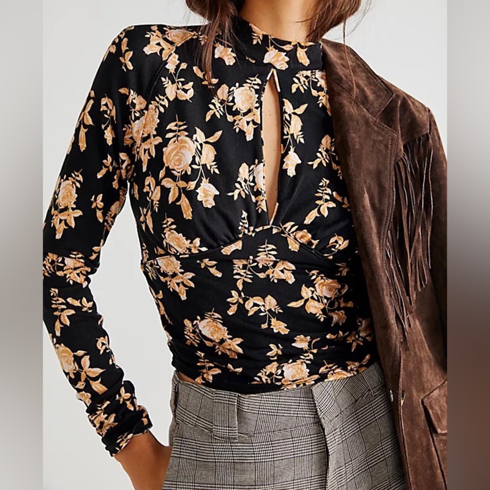 Free People dinner party printed long sleeve cutout mock neck floral top
